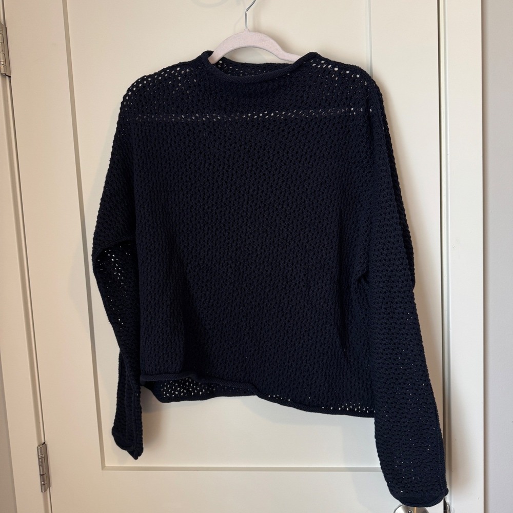 Frank & Eileen Monterey Pointelle Navy Blue Rolled Neck Sweater